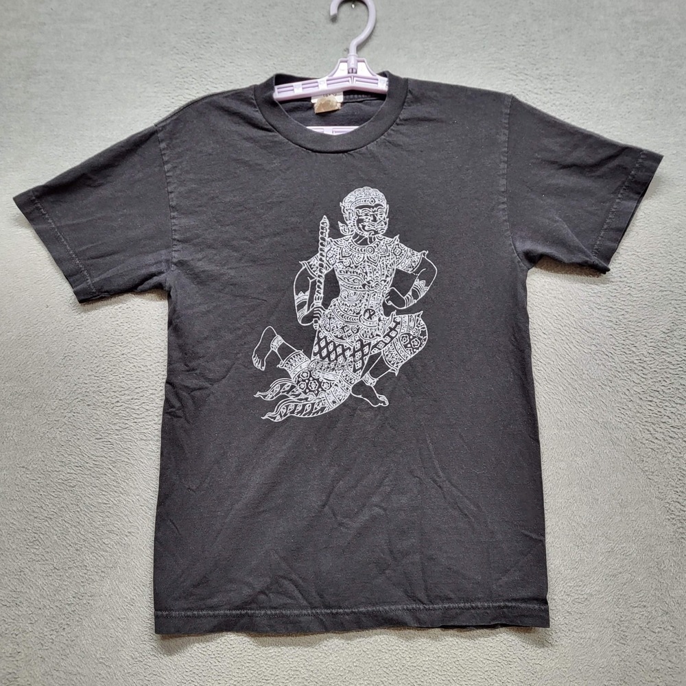 VINTAGE Ramayana Men Shirt S Black Graphic Warrior Figure 90s Y2K